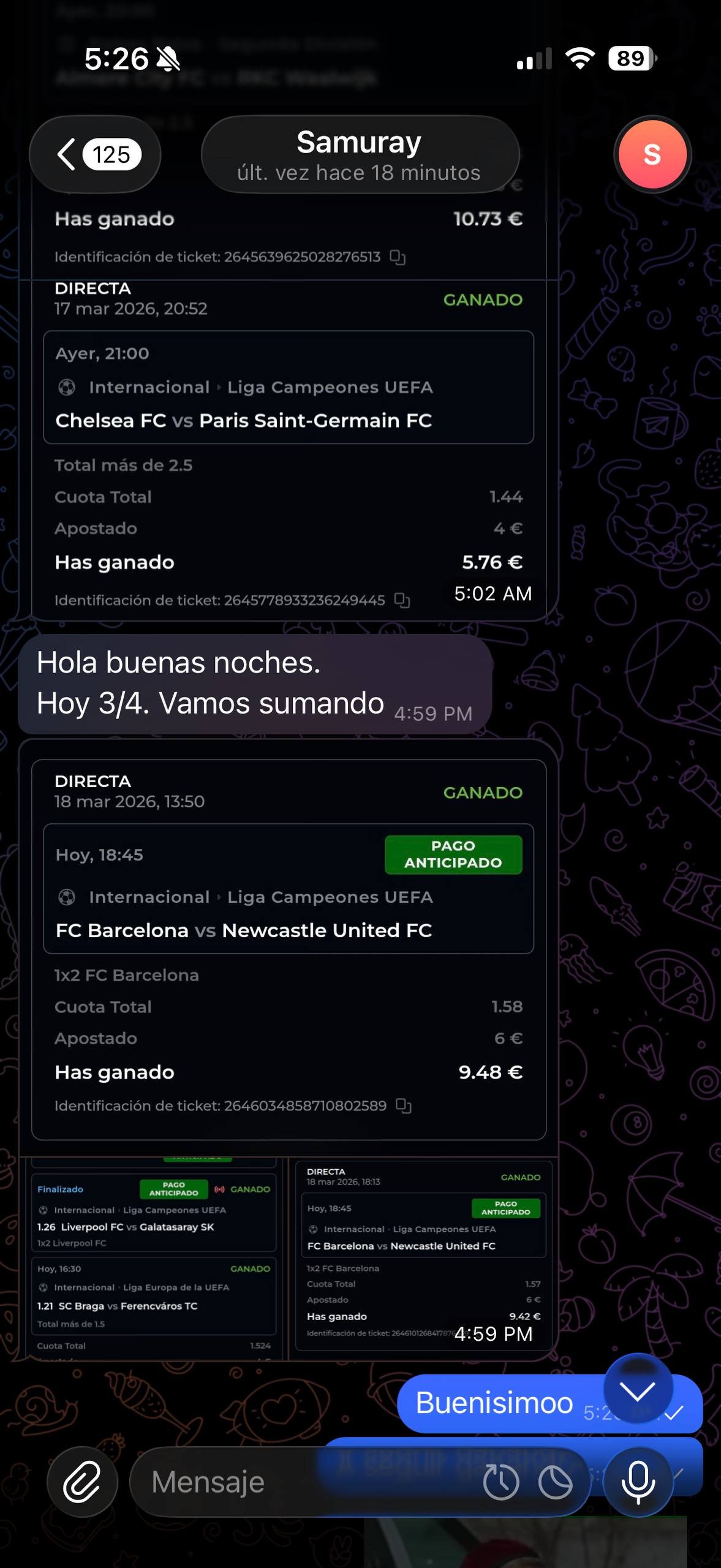 Captura Telegram N7 Group España con apuestas ganadas