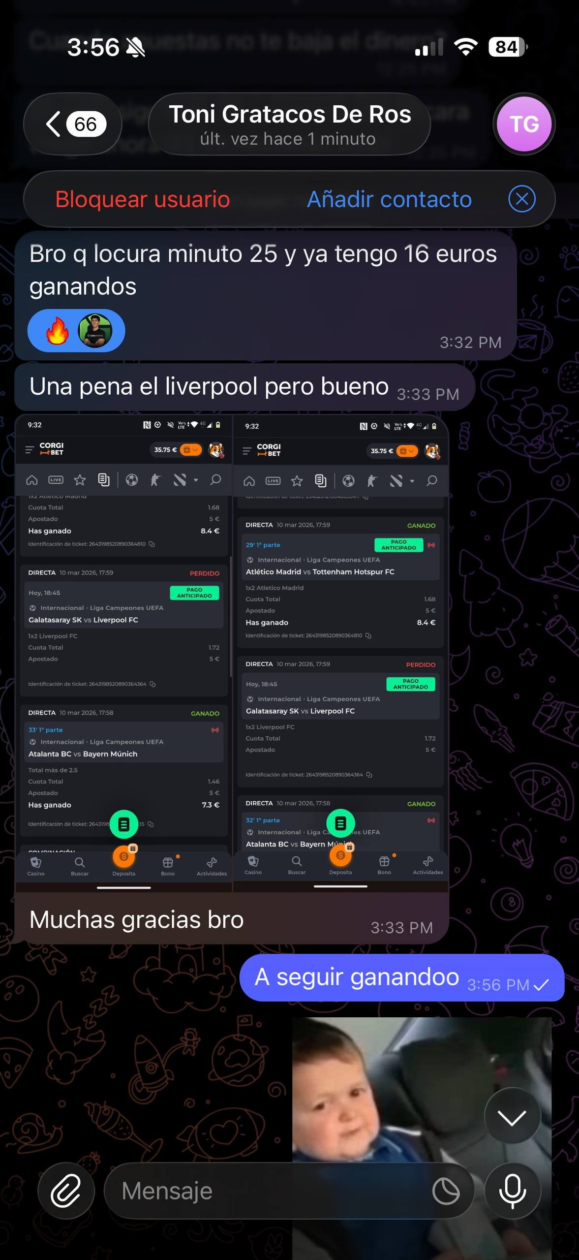 Captura Telegram N7 Group España con mensaje de ganancias