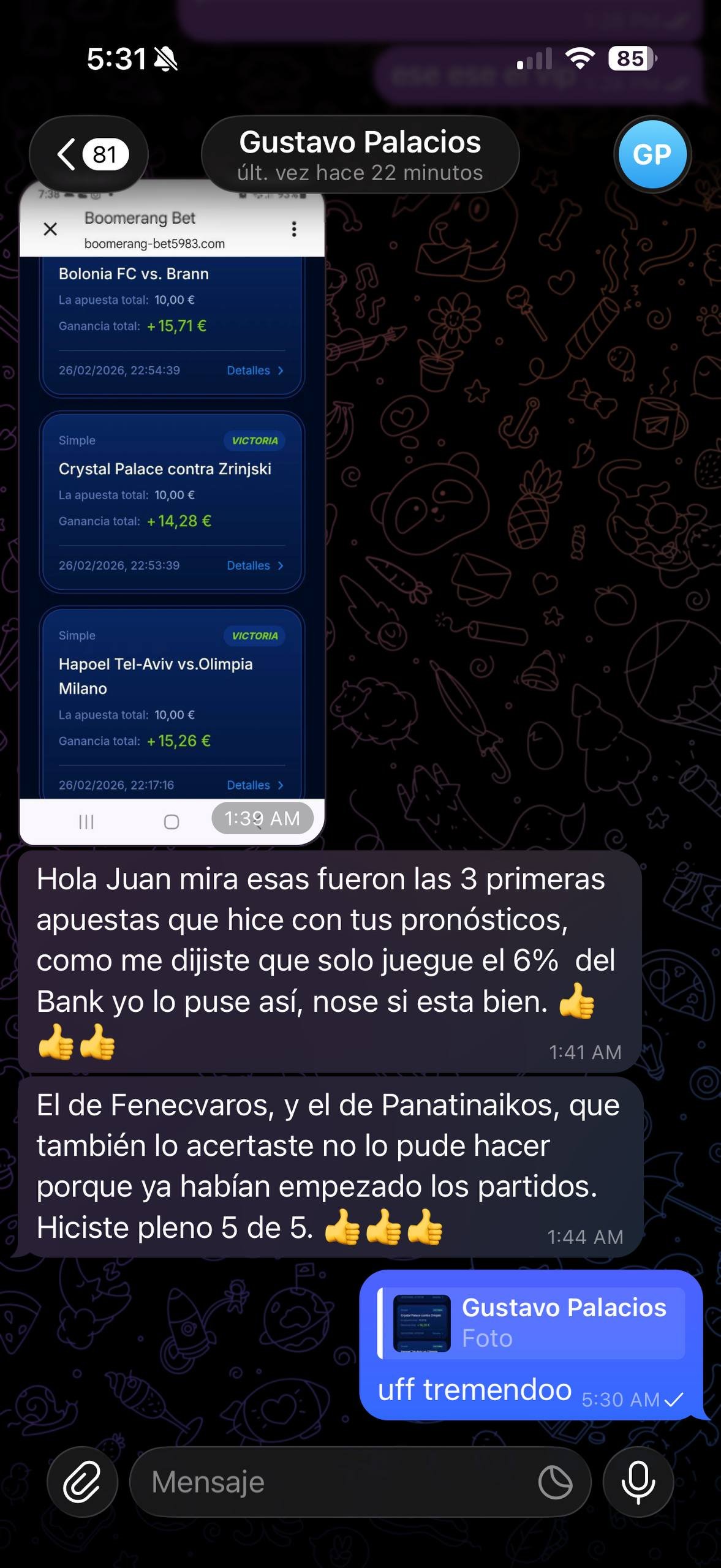 Captura Telegram N7 Group España con pleno de apuestas