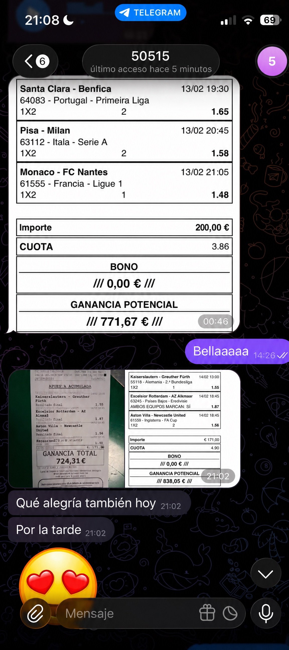 Captura Telegram N7 Group España con ganancia potencial de 771 euro